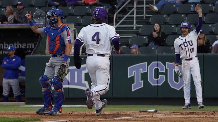 Kurtis Byrne of TCU baseball crosses the plate during TCU's 15-1 win over UT Arlington on April 19, 2022